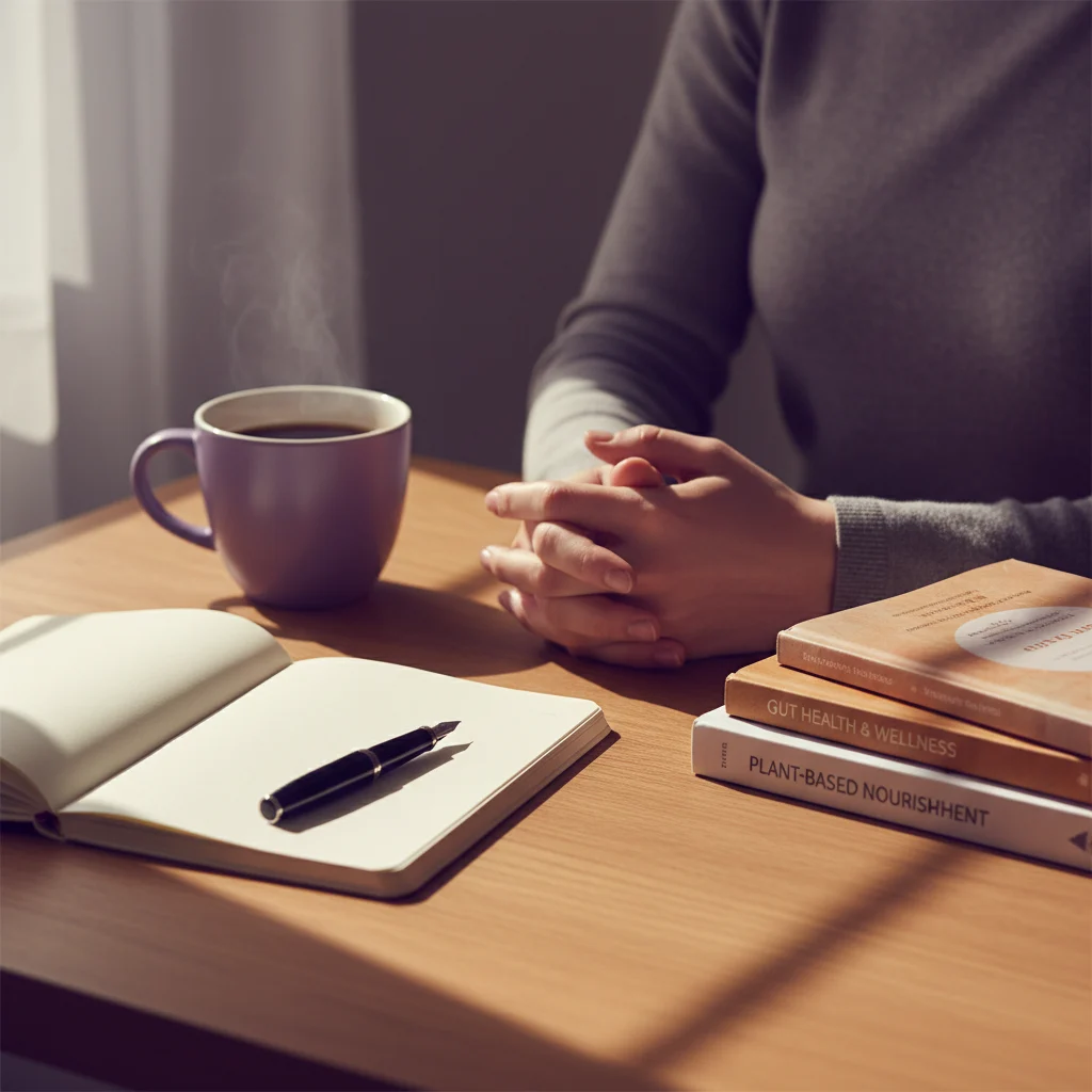 Schreibtisch mit Notizbuch, Kaffeetasse und Fachbüchern - redaktionelle Arbeitsatmosphäre